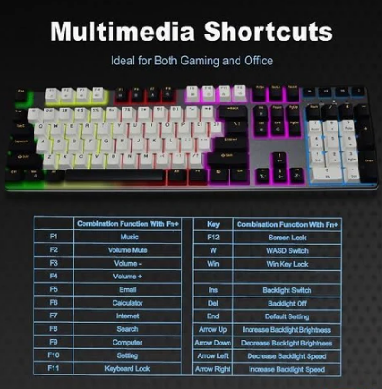 Mechanical Gaming Keyboard Red Switch, RGB, 108 Keys, Black and White